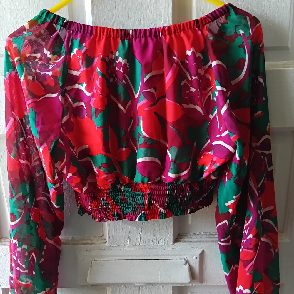 Bar III Red and Pink Smocked Crop Blouse